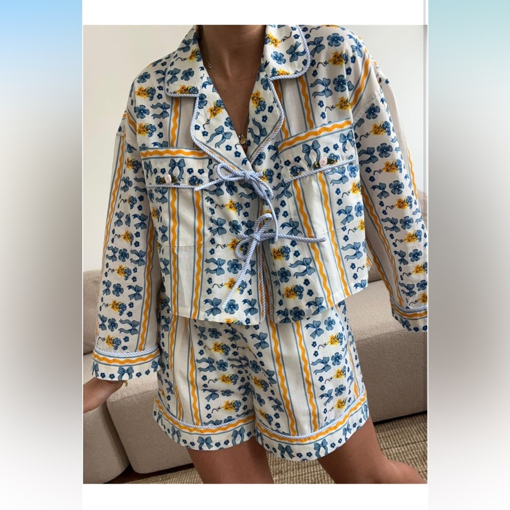 Floral Print Jacket and Short Set with Blue and Yellow Accents